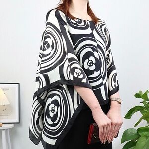 COCO Black White Camelia Flower Print Scarf Silk Shawl Scarf